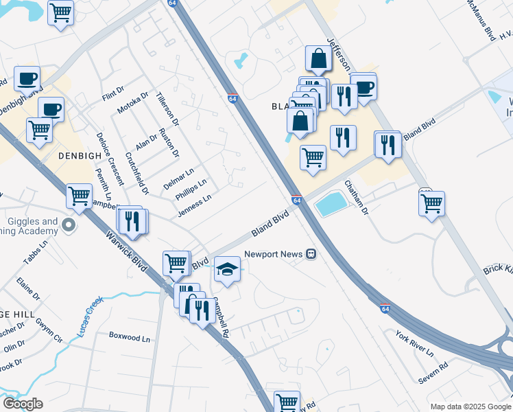 map of restaurants, bars, coffee shops, grocery stores, and more near 150B Campbell Lane in Newport News