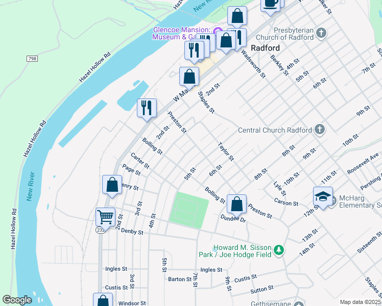 map of restaurants, bars, coffee shops, grocery stores, and more near 1008 4th Street in Radford