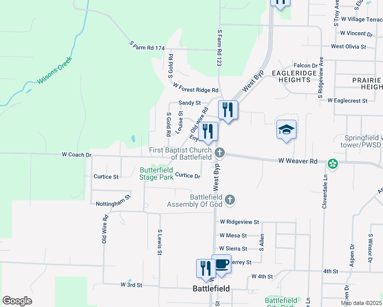 map of restaurants, bars, coffee shops, grocery stores, and more near 4359 West Weaver Road in Battlefield