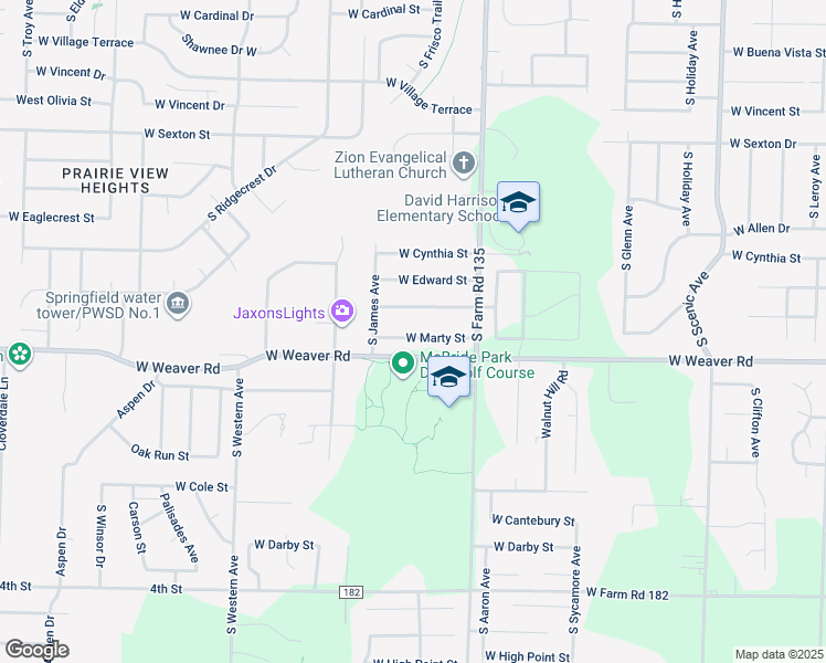 map of restaurants, bars, coffee shops, grocery stores, and more near 3205 West Marty Street in Springfield