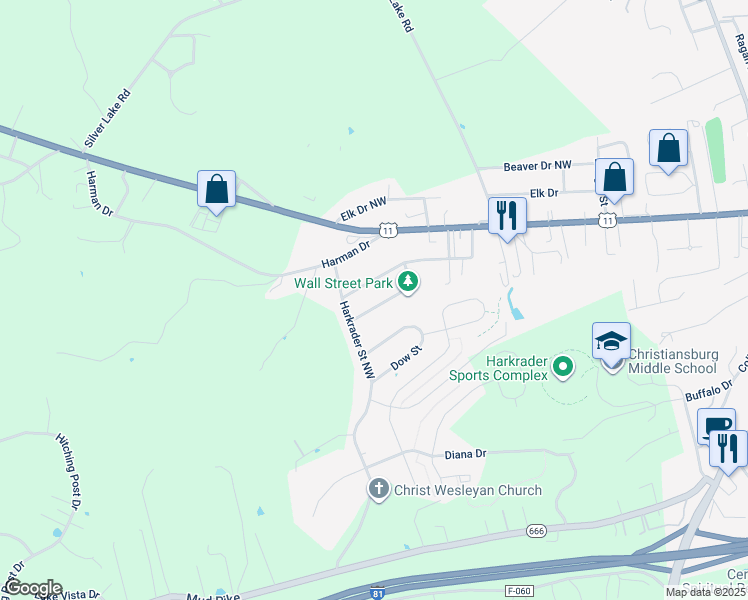 map of restaurants, bars, coffee shops, grocery stores, and more near 1375 Wall Street in Christiansburg