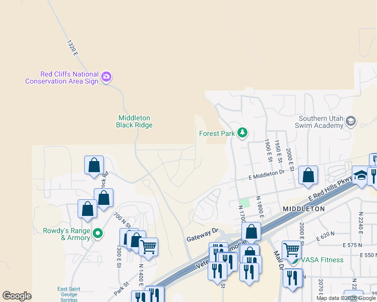 map of restaurants, bars, coffee shops, grocery stores, and more near Grand Heights Drive in St. George