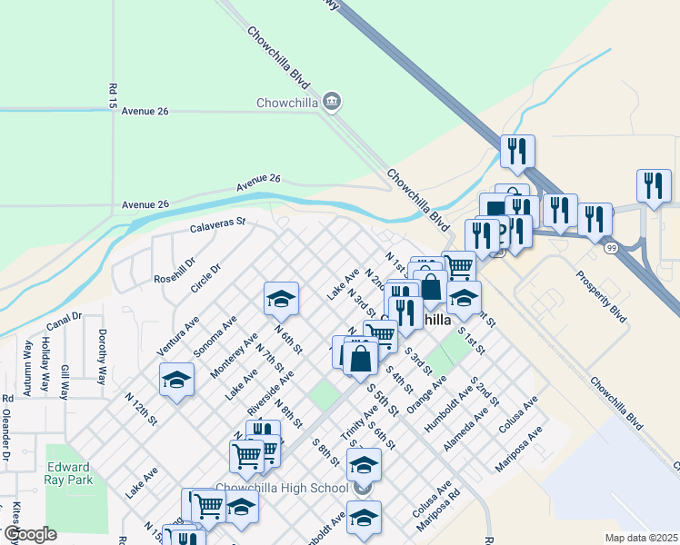 map of restaurants, bars, coffee shops, grocery stores, and more near 420 North 3rd Street in Chowchilla
