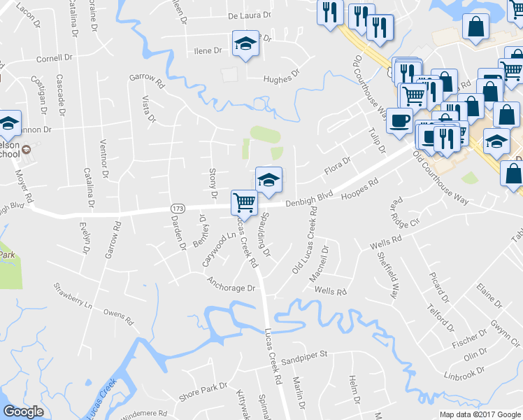 map of restaurants, bars, coffee shops, grocery stores, and more near 252 Denbigh Boulevard in Newport News