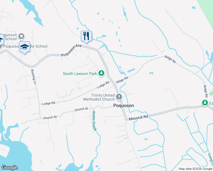 map of restaurants, bars, coffee shops, grocery stores, and more near 11 Lodge Road in Poquoson