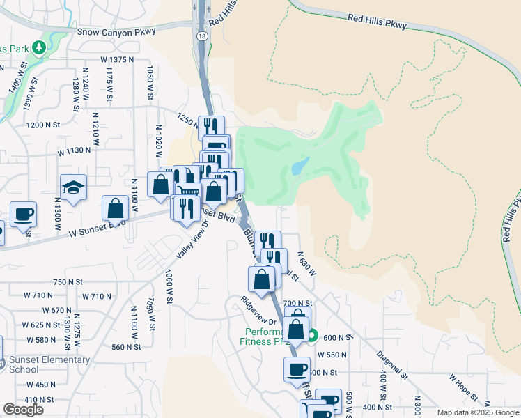 map of restaurants, bars, coffee shops, grocery stores, and more near 776 Diagonal Street in St. George