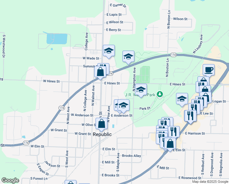 map of restaurants, bars, coffee shops, grocery stores, and more near 552 North Pine Avenue in Republic