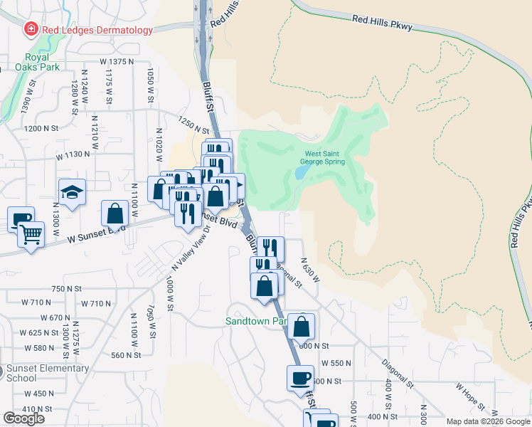 map of restaurants, bars, coffee shops, grocery stores, and more near 485 North La Ruta Drive in Washington