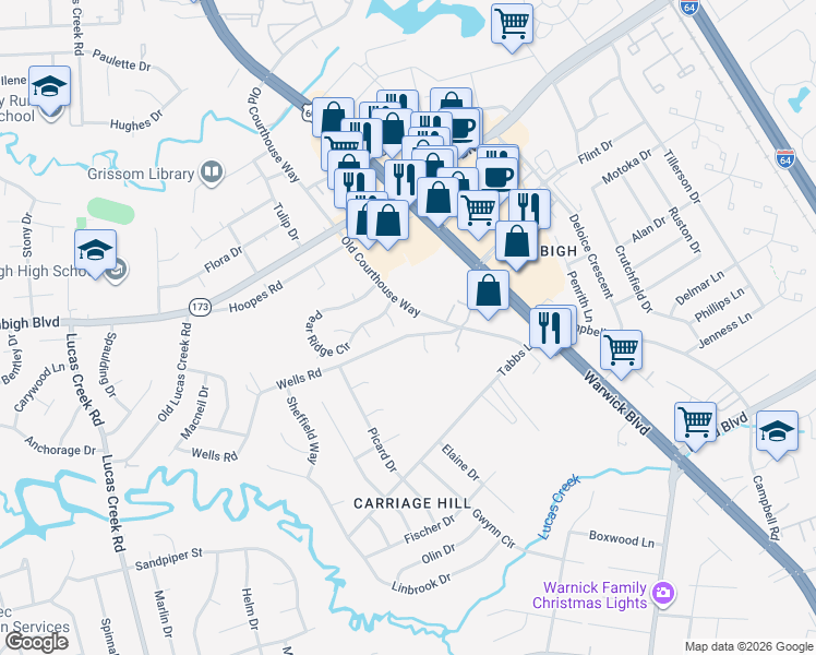 map of restaurants, bars, coffee shops, grocery stores, and more near 14307 Old Courthouse Way in Newport News