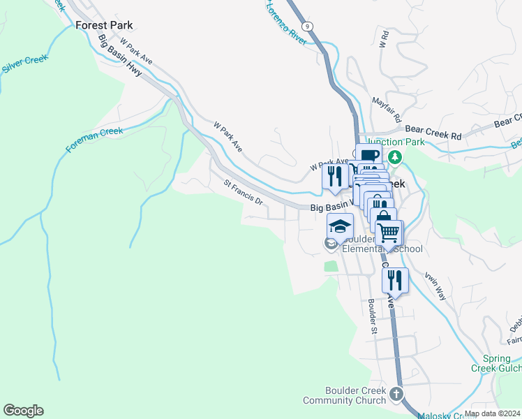map of restaurants, bars, coffee shops, grocery stores, and more near 430 Saint Francis Drive in Boulder Creek