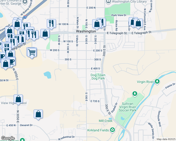 map of restaurants, bars, coffee shops, grocery stores, and more near 419 South 100 East in Washington