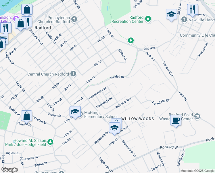 map of restaurants, bars, coffee shops, grocery stores, and more near 116 Roosevelt Avenue in Radford