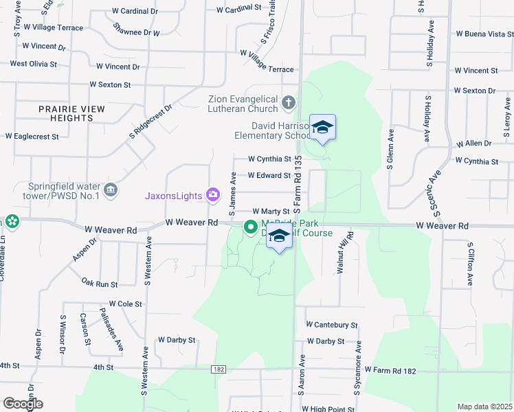 map of restaurants, bars, coffee shops, grocery stores, and more near 3205 West Marty Street in Springfield