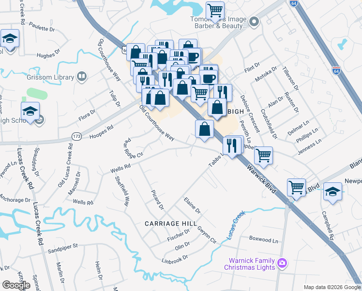 map of restaurants, bars, coffee shops, grocery stores, and more near 14307 Old Courthouse Way in Newport News