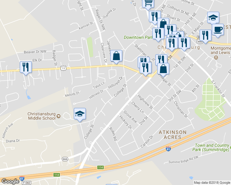map of restaurants, bars, coffee shops, grocery stores, and more near 725 College Street in Christiansburg