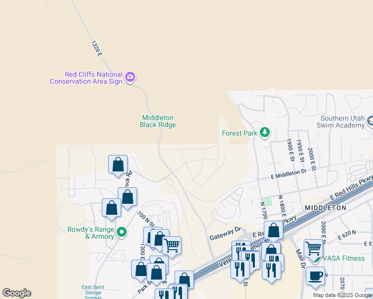 map of restaurants, bars, coffee shops, grocery stores, and more near Dellcorero Drive in St. George