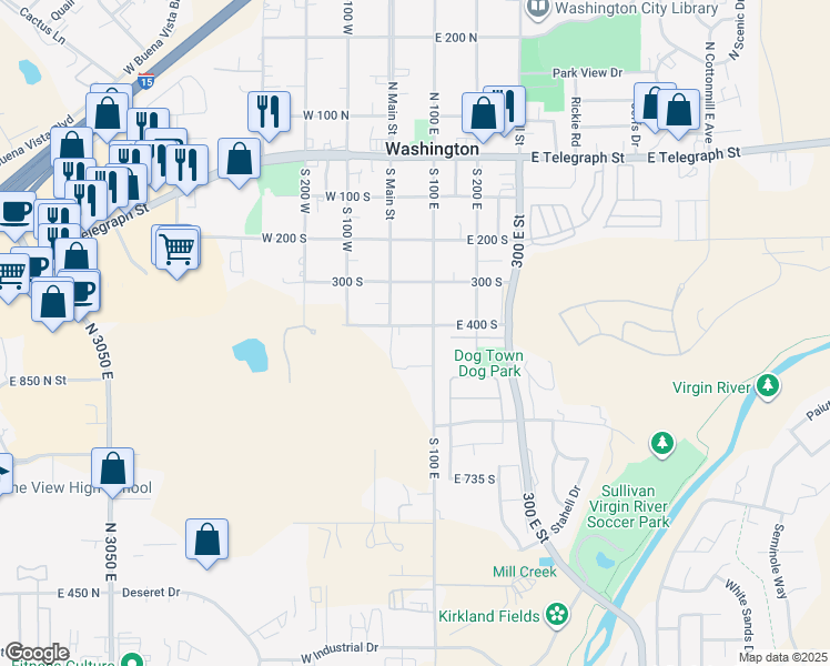 map of restaurants, bars, coffee shops, grocery stores, and more near 62 East 400 South in Washington