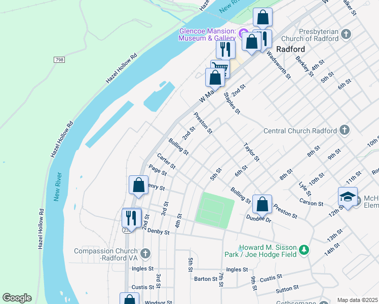 map of restaurants, bars, coffee shops, grocery stores, and more near 1113 3rd Street in Radford