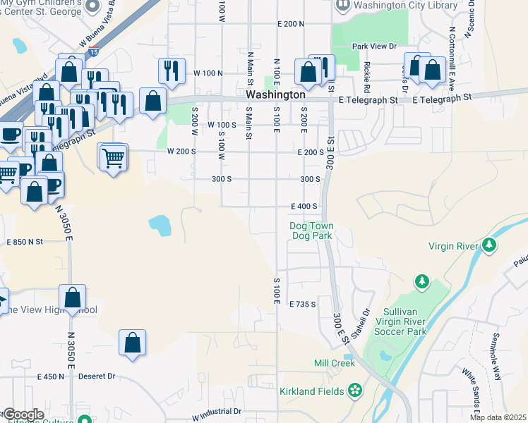 map of restaurants, bars, coffee shops, grocery stores, and more near 62 East 400 South in Washington
