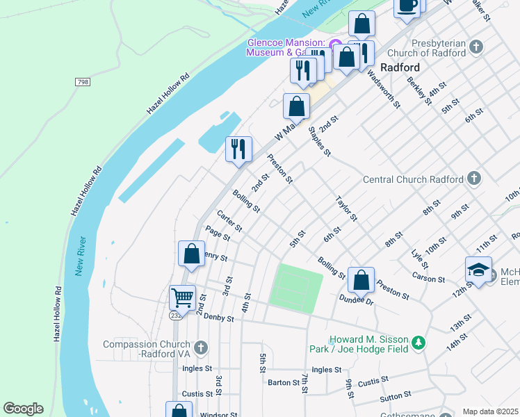 map of restaurants, bars, coffee shops, grocery stores, and more near 1113 3rd Street in Radford