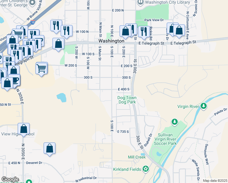 map of restaurants, bars, coffee shops, grocery stores, and more near 419 South 100 East in Washington