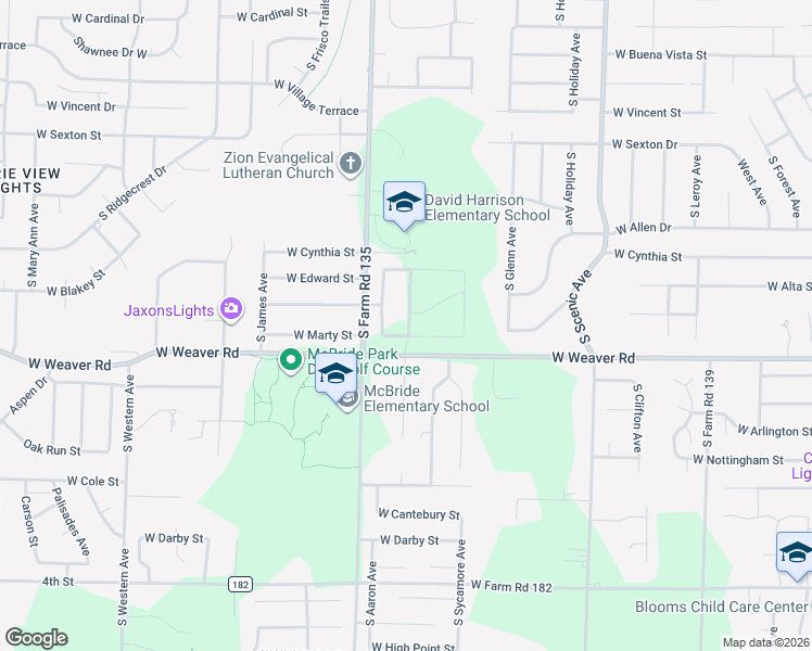 map of restaurants, bars, coffee shops, grocery stores, and more near 3037 West Farm Road 178 in Springfield