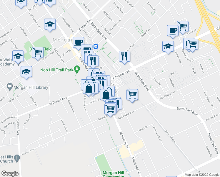 map of restaurants, bars, coffee shops, grocery stores, and more near 75 Myrtle Avenue in Morgan Hill