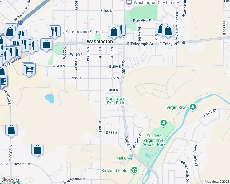 map of restaurants, bars, coffee shops, grocery stores, and more near 10 East 400 South in Washington