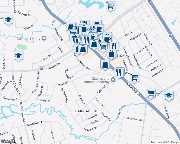 map of restaurants, bars, coffee shops, grocery stores, and more near 14307 Old Courthouse Way in Newport News