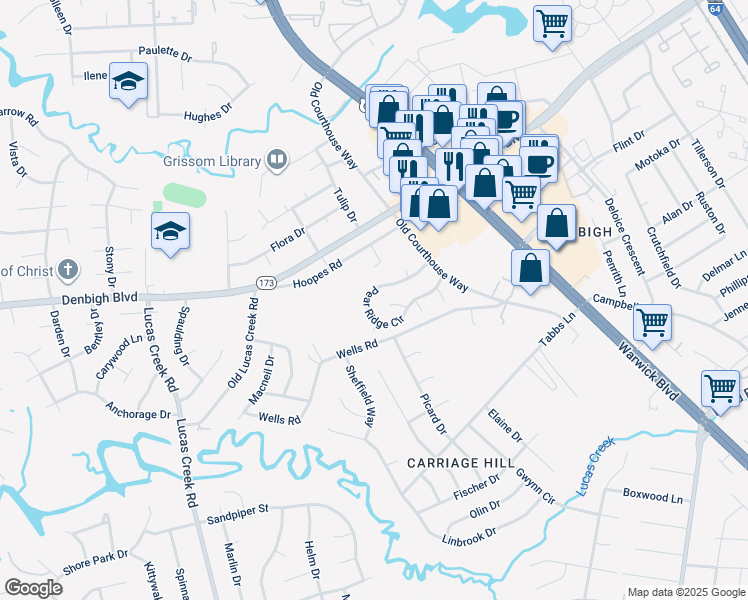 map of restaurants, bars, coffee shops, grocery stores, and more near 351 Pear Ridge Circle in Newport News