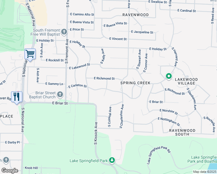 map of restaurants, bars, coffee shops, grocery stores, and more near 1651 East Carleton Street in Springfield