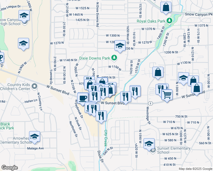 map of restaurants, bars, coffee shops, grocery stores, and more near 1816 West 950 North in St. George