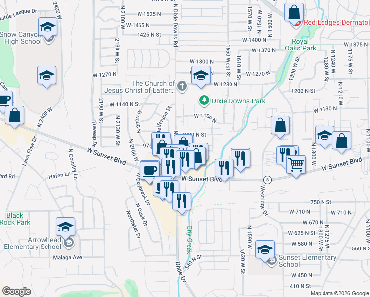 map of restaurants, bars, coffee shops, grocery stores, and more near 960 North Dixie Downs Road in St. George