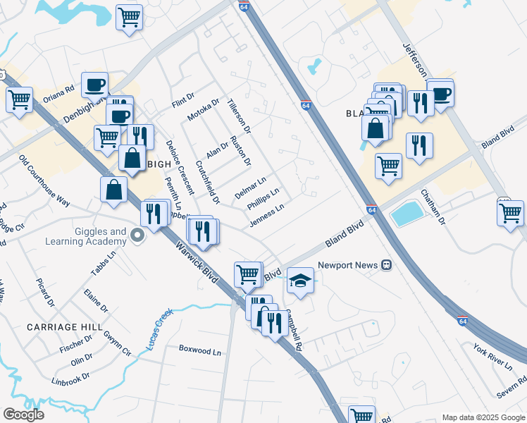 map of restaurants, bars, coffee shops, grocery stores, and more near 117 Jenness Lane in Newport News