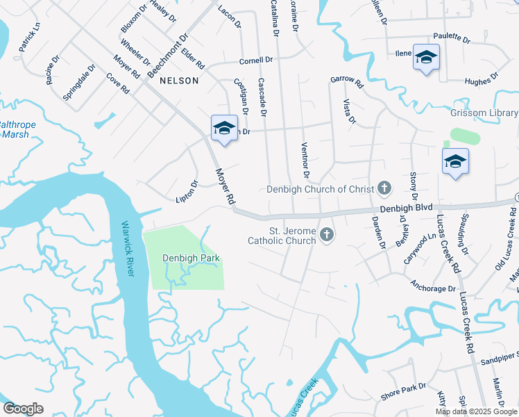 map of restaurants, bars, coffee shops, grocery stores, and more near 69 Denbigh Boulevard in Newport News