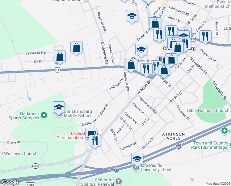 map of restaurants, bars, coffee shops, grocery stores, and more near 725 College Street in Christiansburg