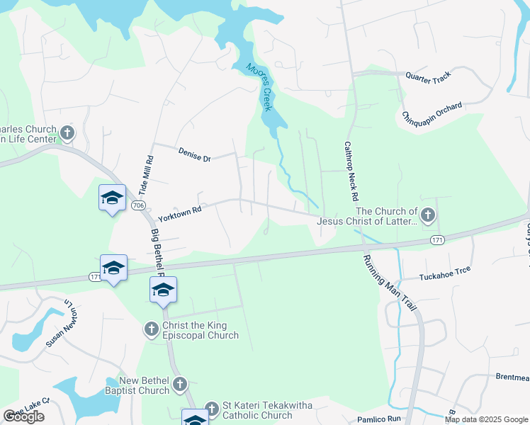 map of restaurants, bars, coffee shops, grocery stores, and more near 1716 Yorktown Road in Yorktown