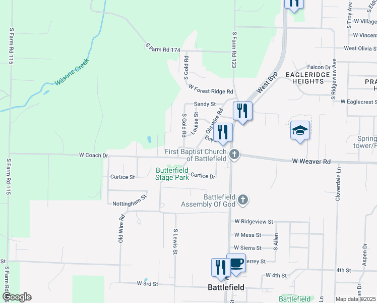 map of restaurants, bars, coffee shops, grocery stores, and more near 4440 West Weaver Road in Battlefield