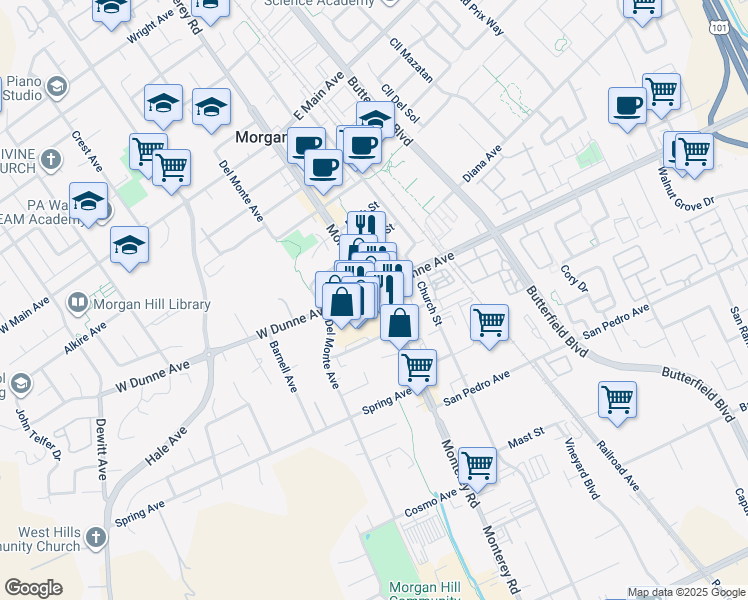 map of restaurants, bars, coffee shops, grocery stores, and more near 2 East Dunne Avenue in Morgan Hill
