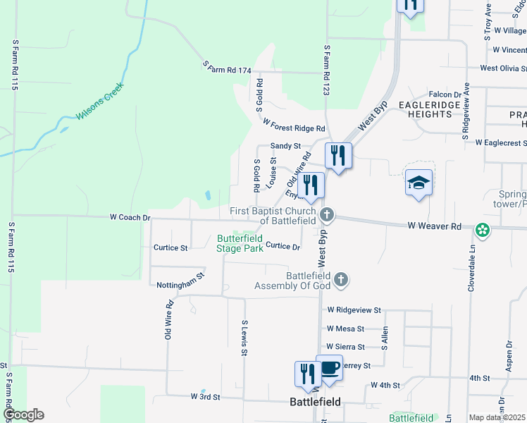 map of restaurants, bars, coffee shops, grocery stores, and more near 4440 W Weaver Rd in Battlefield