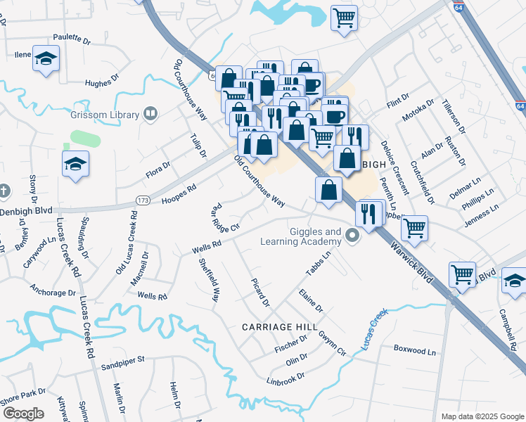 map of restaurants, bars, coffee shops, grocery stores, and more near 4311 Merlyn Walk Place in Newport News