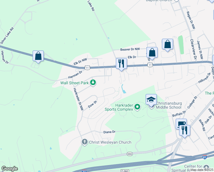 map of restaurants, bars, coffee shops, grocery stores, and more near 380 Chelsea Loop in Christiansburg