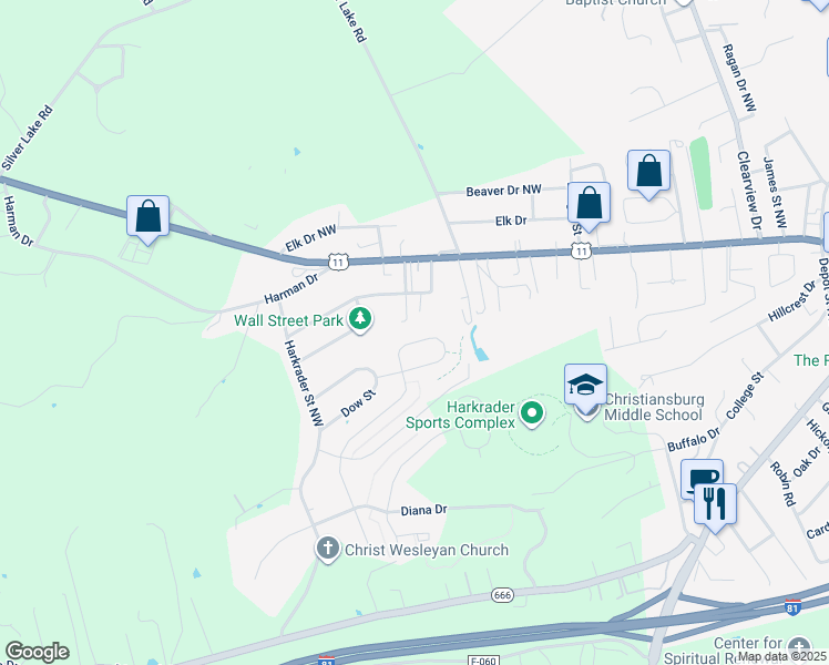 map of restaurants, bars, coffee shops, grocery stores, and more near 380 Chelsea Loop in Christiansburg