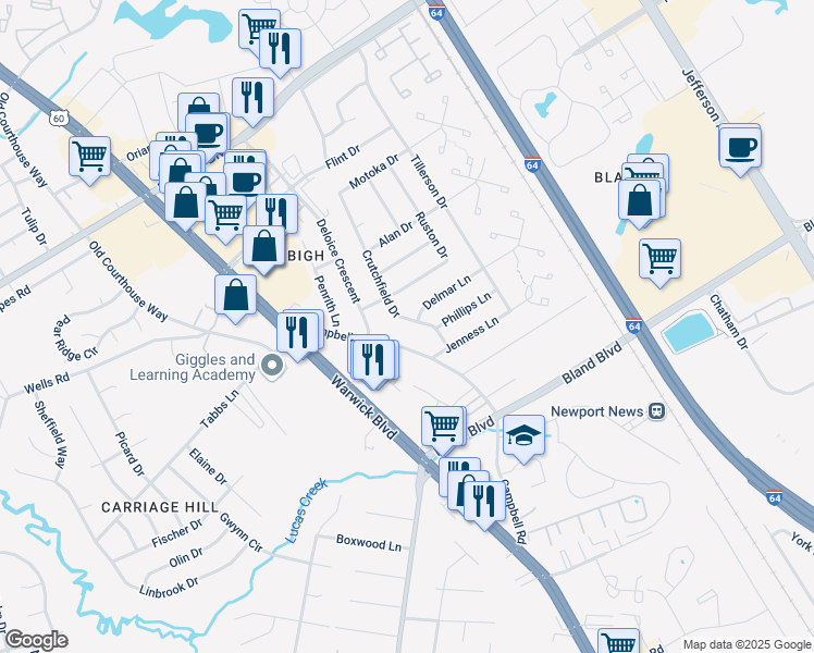 map of restaurants, bars, coffee shops, grocery stores, and more near 15 Crutchfield Drive in Newport News