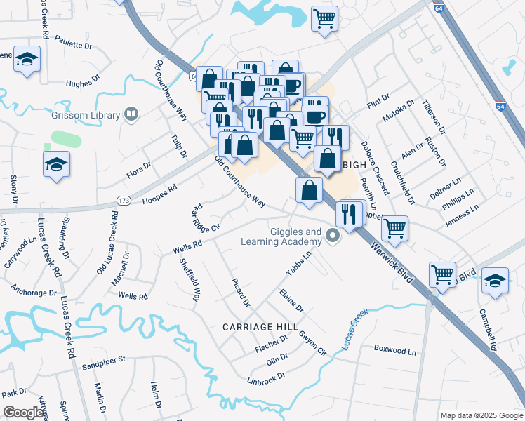 map of restaurants, bars, coffee shops, grocery stores, and more near 14307 Old Courthouse Way in Newport News