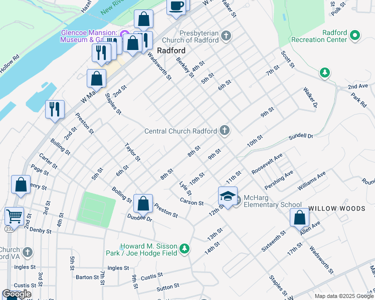 map of restaurants, bars, coffee shops, grocery stores, and more near 704 7th Street in Radford