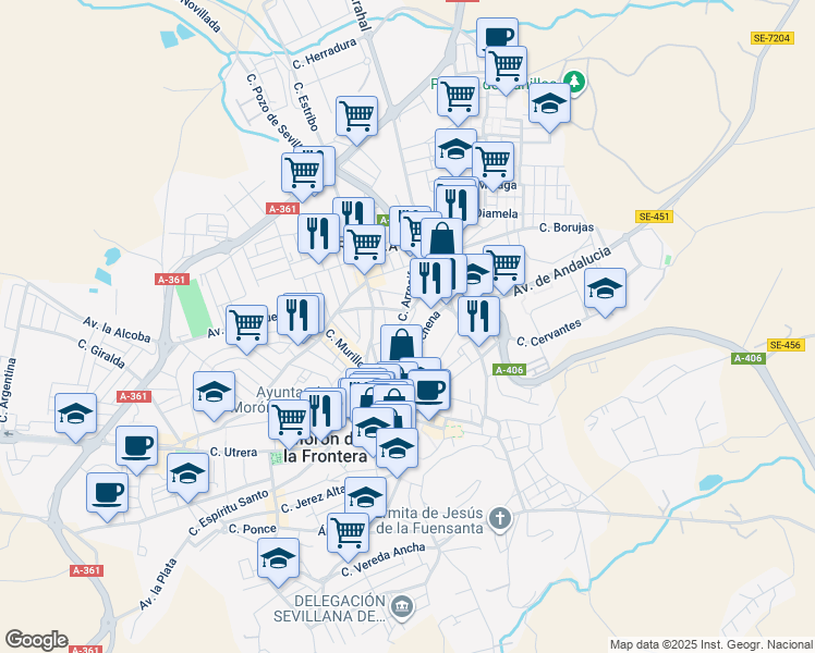 map of restaurants, bars, coffee shops, grocery stores, and more near 18 Calle Alegría in Morón de la Frontera