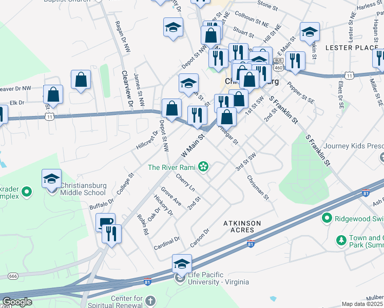 map of restaurants, bars, coffee shops, grocery stores, and more near 502 West Main Street in Christiansburg