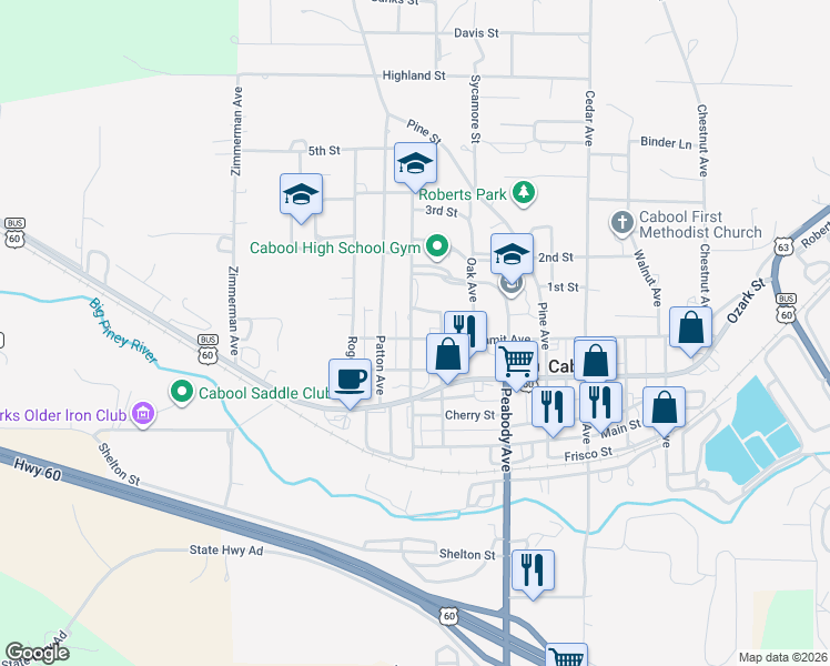 map of restaurants, bars, coffee shops, grocery stores, and more near 808 Garst Street in Cabool
