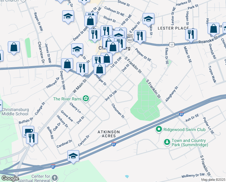 map of restaurants, bars, coffee shops, grocery stores, and more near 210 Phlegar St in Christiansburg
